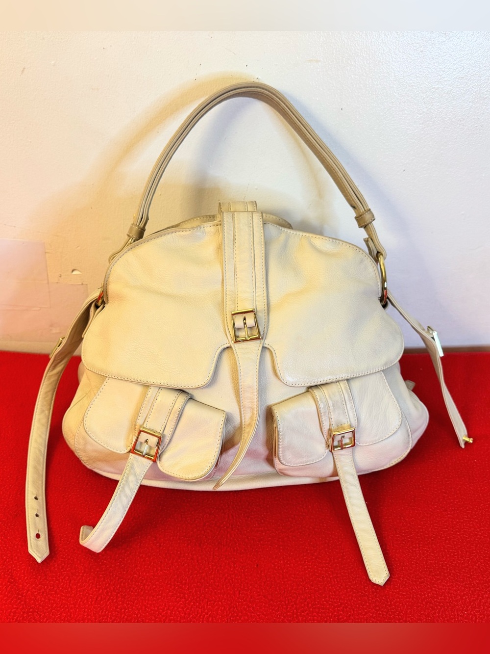 Bulga New York Helmet Double Sided Pockets Bag in Beige Soft Leather USA Made